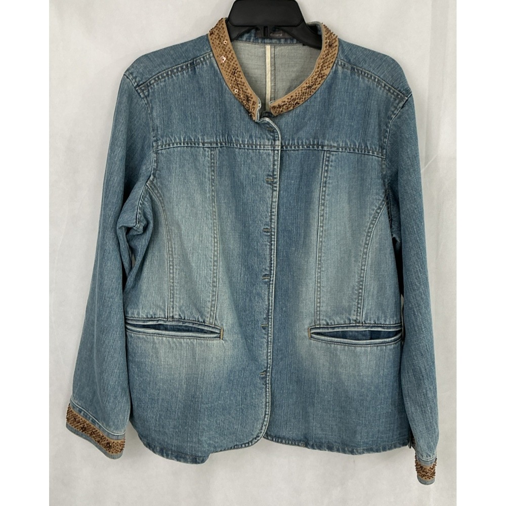 Vintage Liz Claiborne Denim Jacket 1X Beaded Boho Western WDLU4516 Blue